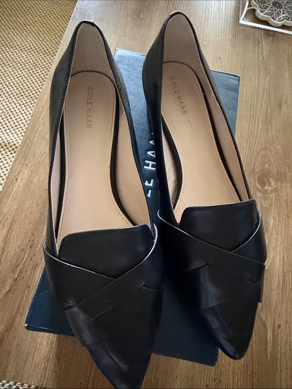 Cole Haan Black Pointed Leather Loafers with Woven Vamp